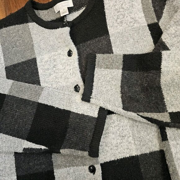 Vintage Y2K Womens M Checkered Cardigan Sweater Gray Black Classic Preppy - Picture 6 of 9